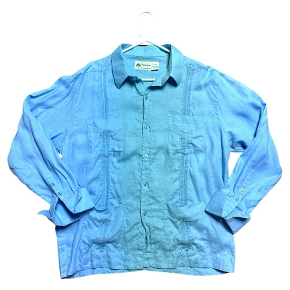 Men's Blue 100% Linen Long Sleeve Shirt Size 2XL - Picture 2 of 7